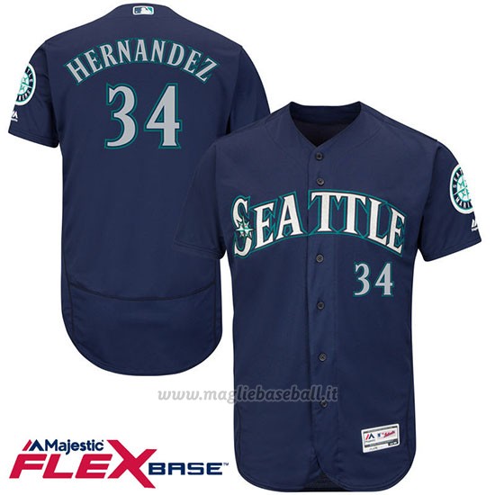 Maglia Baseball Uomo Seattle Mariners Felix Hernandez 34 Blu Flex Base Autentico Collezione Giocatore